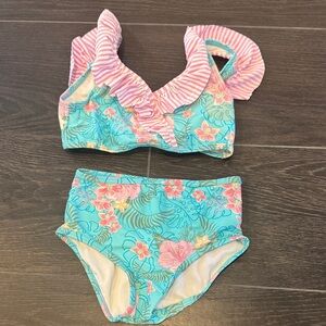 Ruffle Butts Pink and Blue Floral Kids Bikini